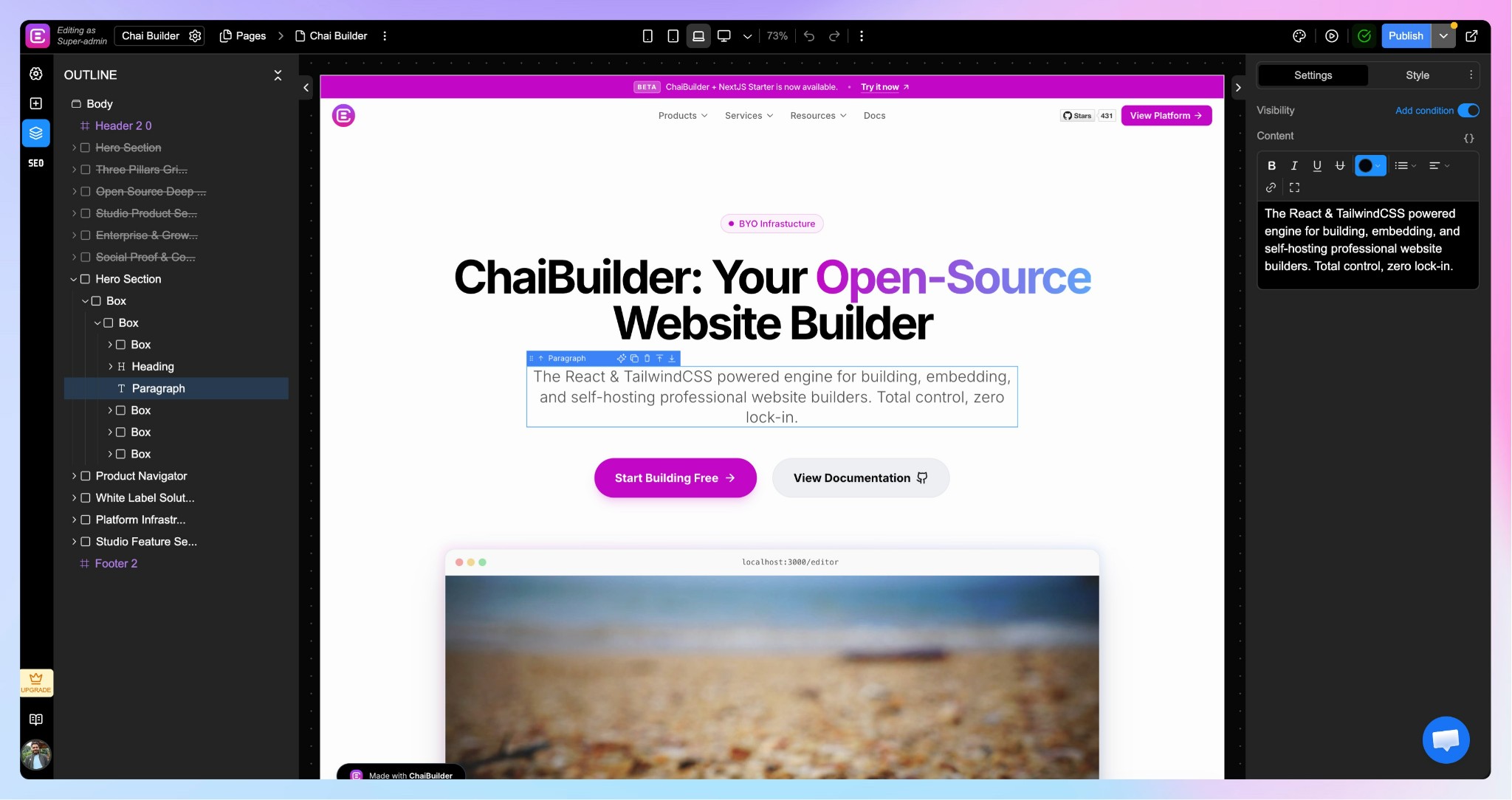 The chaicore visual builder canvas editing a page
